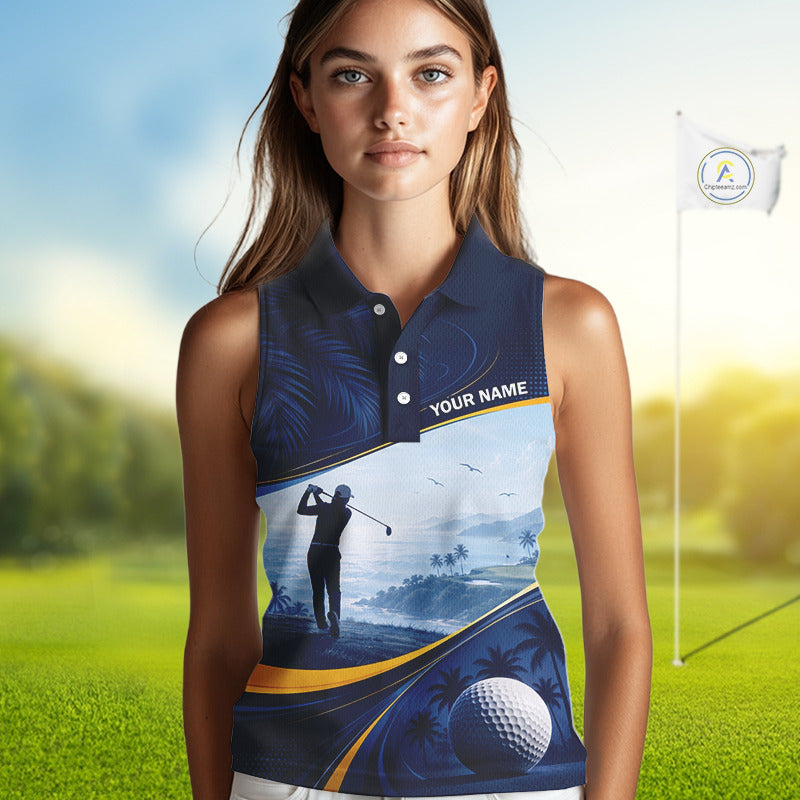 Female golfer wearing tropical palm trees golf polo shirt, ocean golf apparel, summer golf outfit, personalized golf clothing