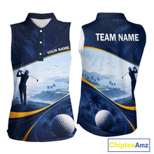 Load image into Gallery viewer, Women's palm trees golf sleeveless polo shirt, tropical ocean golf apparel, personalized golf shirt, summer golf clothing, resort golf polo, golf vacation outfit