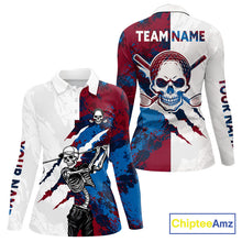 Load image into Gallery viewer, Women's red and blue splatter skull golf long sleeves polo shirt, skull golf apparel, custom golf team shirt, funny golf clothing, tournament golf polo