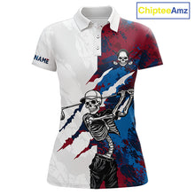 Load image into Gallery viewer, Women's red and blue splatter skull golf polo shirt, skull golf apparel, custom golf team shirt, funny golf clothing, tournament golf polo