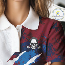 Load image into Gallery viewer, Female golfer wearing red blue splatter skull golf polo shirt, custom skull golf apparel, women's golf outfit