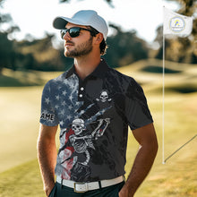 Load image into Gallery viewer, Male golfer wearing smoke US flag skull golf polo shirt, patriotic golf outfit, custom golf apparel