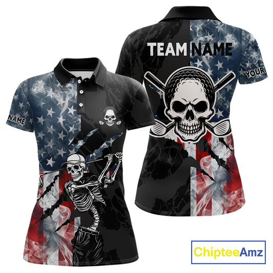 Women's smoke US flag skull golf short sleeves polo shirt, patriotic golf apparel, American flag golf shirt, skull golf clothing, golf team uniform 