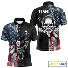 Load image into Gallery viewer, Men's smoke US flag skull golf polo shirt, patriotic golf apparel, American flag golf shirt, skull golf clothing, golf team uniform