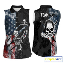 Load image into Gallery viewer, Women's smoke US flag skull golf sleeveless polo shirt, patriotic golf apparel, American flag golf shirt, skull golf clothing, golf team uniform