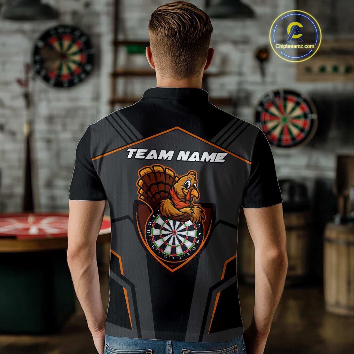 Custom Orange Turkey Autumn Funny Dart Polo Shirt For Men Thanksgiving Dart Team Jersey NYN1498