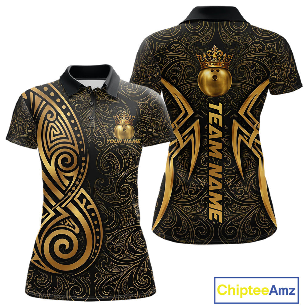 Black And Gold Crown Bowling Ball Polo & 1/4-Zip Shirts For Women Custom Tribal Bowling Team Jerseys NYN3124