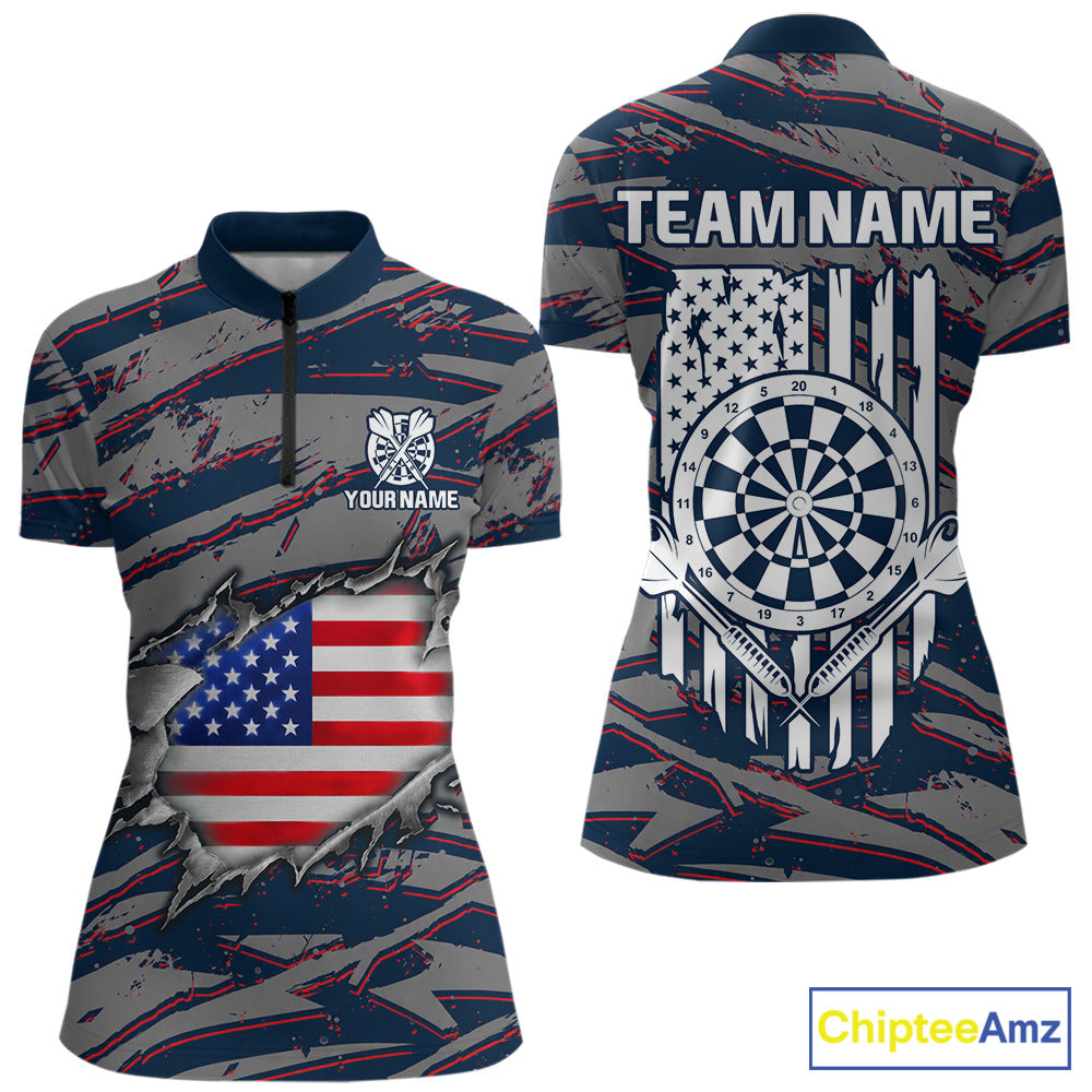 Blue and Red American Flag women's quarter-zip darts shirt, patriotic dart team jersey, custom USA flag dart apparel, performance darts uniform