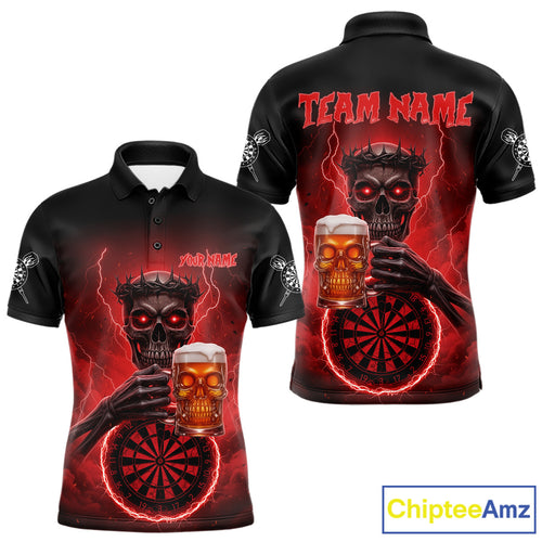 Custom Funny Skull And Beer Lightning Red Dartboard Dart Men Polo Jerseys Dart Team Shirts NYN1755