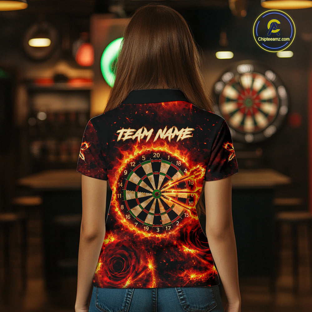 Red Flaming Roses Dartboard & Arrow Custom Women Darts Polo Shirts Fire Flame Dart Jerseys NYN2264