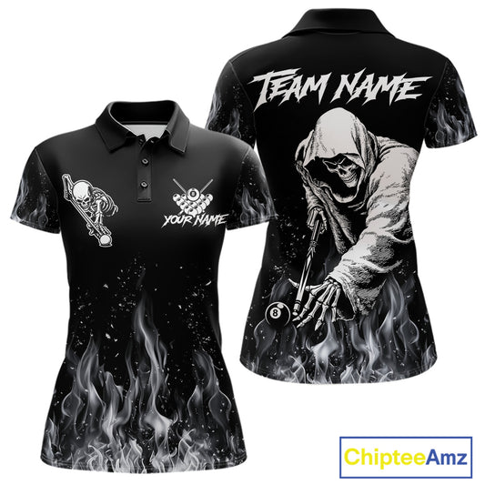 Grey Skeleton Play Pool Billiard Shirt For Women Custom Fire Flame Billiard Jersey, Billiards Gifts NYN3139