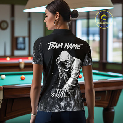 Grey Skeleton Play Pool Billiard Shirt For Women Custom Fire Flame Billiard Jersey, Billiards Gifts NYN3139