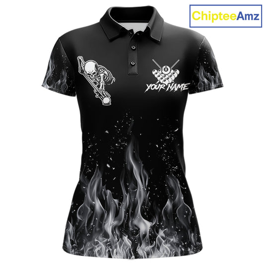 Grey Skeleton Play Pool Billiard Shirt For Women Custom Fire Flame Billiard Jersey, Billiards Gifts NYN3139