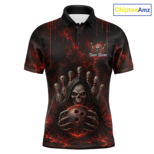 Custom Red Thunder Grim Reaper Men's Bowling Polo Shirt, Skull Bowling Team Jersey, Lightning League Apparel, Personalized Tournament Performance Shirt, Gothic Athletic Uniform