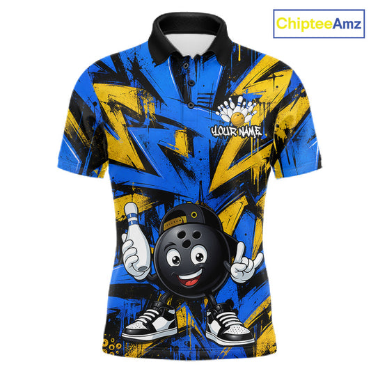 Funny Rock-On Bowling Ball Men's Bowling Polo Shirt, Personalized Blue Yellow League Jersey, Performance Bowling Apparel