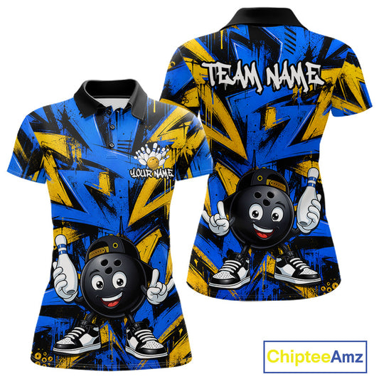 Funny Rock-On Bowling Ball Women's Bowling Polo Shirt, Blue Yellow Bowling Team Jersey, Cartoon Bowling Ball Performance Polo, Tournament Apparel, League Uniform