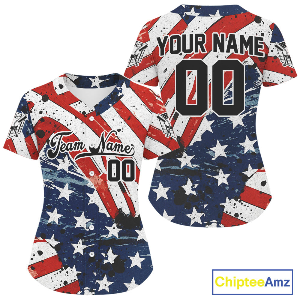 Custom Red And Blue Patriotic Baseball Shirt For Women Outfits US Flag Baseball Jerseys NYN1514