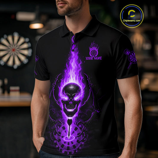 Skeleton Fire Flame Dartboard Custom Mens Polo Dart Shirt Purple Skull Dart Jerseys NYN1770