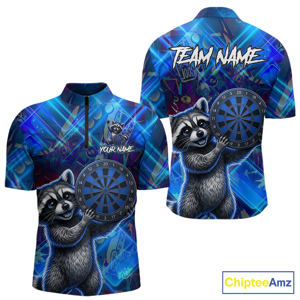 Funny raccoon graffiti dart shirt custom blue dart 1/4-zip apparel