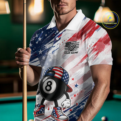 Male Pool Player Wearing Custom US Flag 8 Ball Billiard Shirt, Personalized Tournament Team Apparel, Professional Billiards Uniform