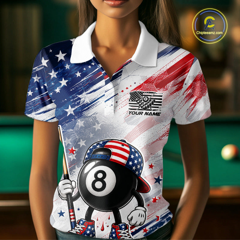 Female billiard player wearing personalized Grunge US Flag Funny 8 Ball pool jersey