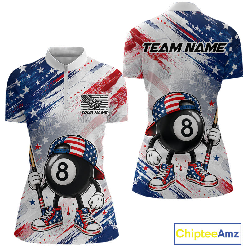 Personalized Grunge US Flag Funny 8 Ball women's quarter zip billiard shirt patriotic pool team uniform