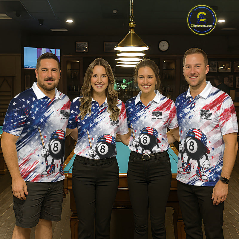Men women billiard team wearing matching Grunge US Flag Funny 8 Ball patriotic team uniforms