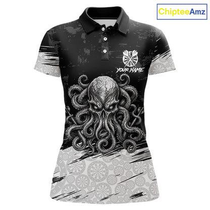White Black Octopus Dartboard Women's Dart Polo Shirt, Personalized Funny Octopus Dart Team Jersey, Marine Theme Performance Polo