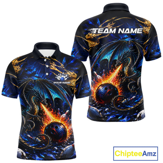 Blue And Gold Dragon Bowling Shirt For Men Custom Fire Flame Polo 1/4-Zip Bowling Team Jersey NYN3644