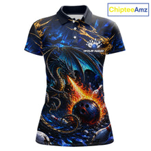 Load image into Gallery viewer, Blue And Gold Dragon Bowling Shirt For Women Custom Fire Flame Polo 1/4-Zip Bowling Team Jersey NYN3644