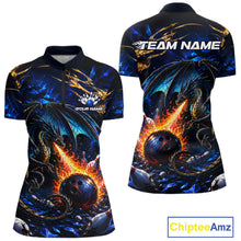 Load image into Gallery viewer, Blue And Gold Dragon Bowling Shirt For Women Custom Fire Flame Polo 1/4-Zip Bowling Team Jersey NYN3644