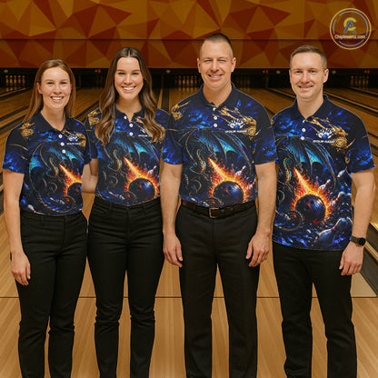 Blue And Gold Dragon Bowling Shirt For Women Custom Fire Flame Polo 1/4-Zip Bowling Team Jersey NYN3644