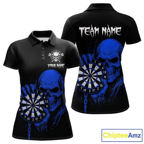 Custom Women Dart Polo Shirt With Blue Blood Skull Holding Dartboard, Darts Jersey  NYN1795