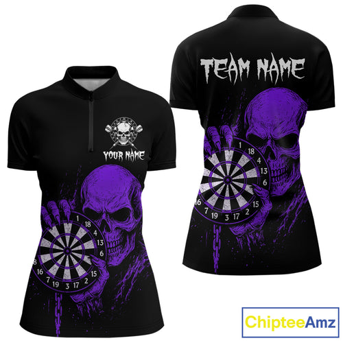Custom Women Dart Quarter-Zip Shirt With Purple Blood Skull Holding Dartboard, Darts Jersey  NYN1794
