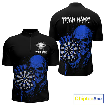 Custom Men's Dart Quarter-Zip Shirt With Blue Blood Skull Holding Dartboard, Darts Jersey  NYN1795