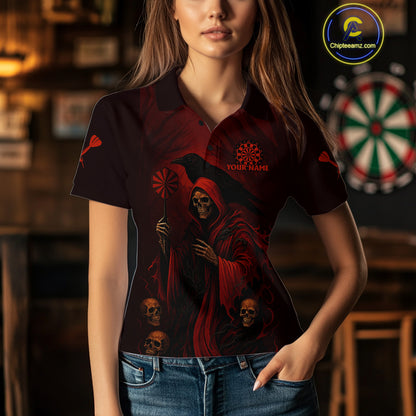 Custom Red Grim Reaper Grunge Skull Dart Arrow Dart Women Polo Shirt Dart Jerseys NYN1543