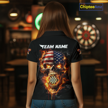 Load image into Gallery viewer, Personalized US Flag Skull Fire Flame Dartboard Women Darts Polo Shirt Custom Darts Team Jersey NYN2585