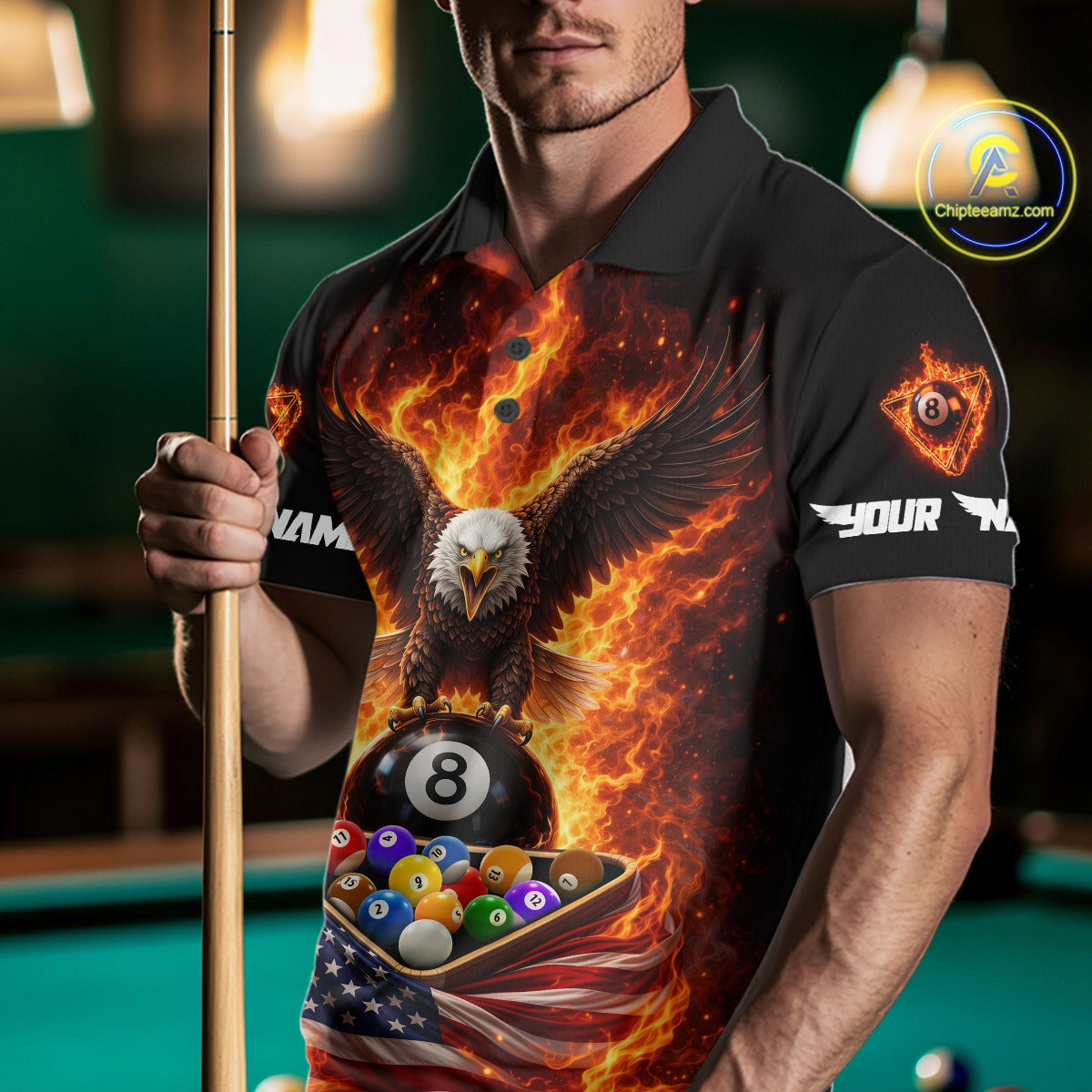 Fire Flame Eagle US Flag Pool Ball 3D Billiard Shirt For Men Personalized 8 Ball Billiard Attire NYN2587