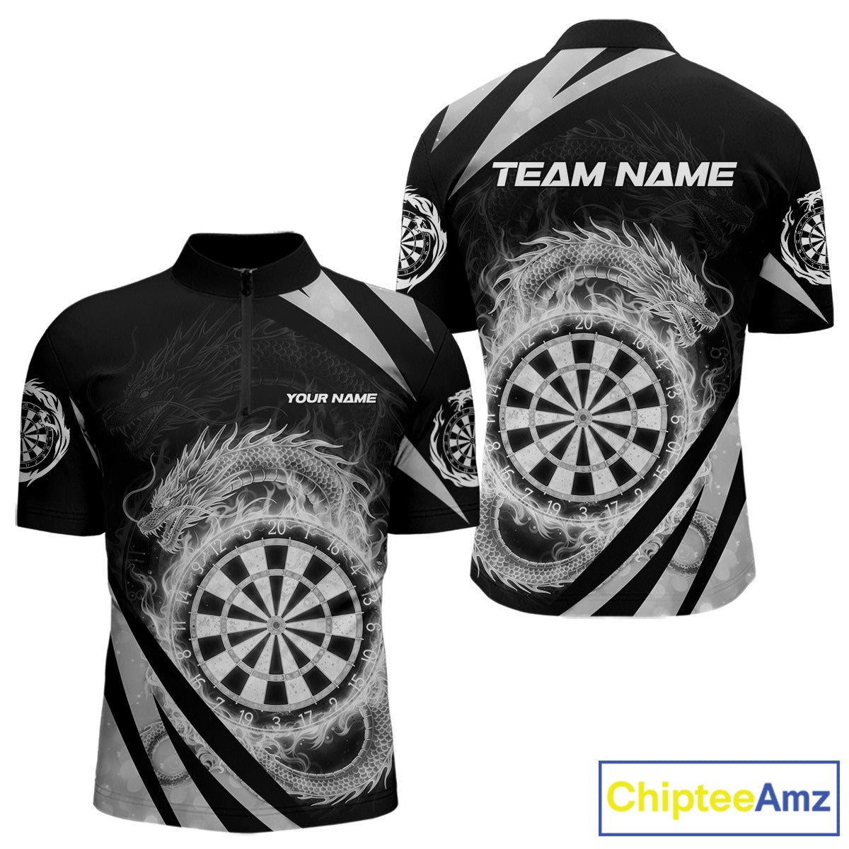 Silver Flames Dragon Dartboard Men Darts Quarter-Zip Shirt Custom Dragon Team Dart League Shirt NYN2069