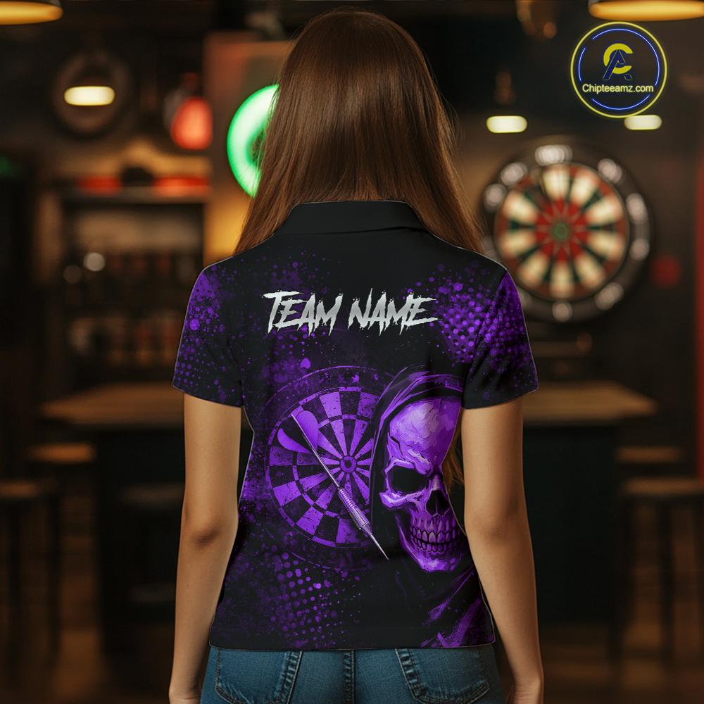 Purple Grunge Skull Dartboard & Arrow Women Darts Polo Shirt Personalized Darts Team Jerseys NYN2596