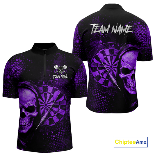 Purple Grunge Skull Dartboard & Arrow Men Darts 1/4-Zip Shirt Personalized Darts Team Jerseys NYN2596
