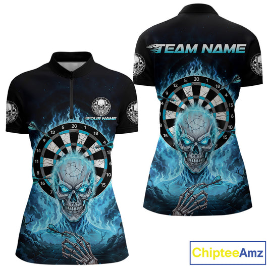 Black Blue Flaming Skeleton Darts Custom Women's Dart Quarter-Zip Shirts Team Dart League Jerseys NYN2073