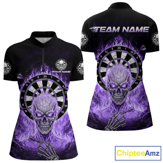 Black Purple Flaming Skeleton Darts Custom Women's Dart Quarter-Zip Shirts Team Dart League Jerseys NYN2074