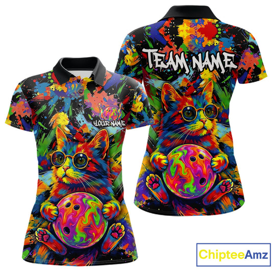 Funny Cat Colorful Paint Bowling Team Jerseys For Women Custom Splatter Bowling Polo 1/4-Zip Shirt NYN3167