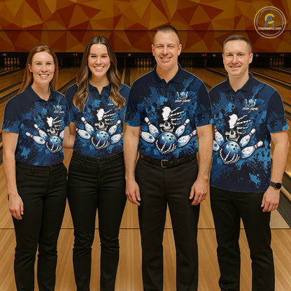 Blue Skelton Torn Bowling Ball & Pin Jerseys For Women Custom Splatter Paint Bowling Team Attire NYN3171