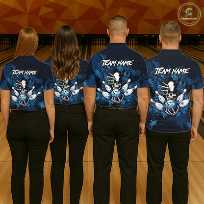 Blue Skelton Torn Bowling Ball & Pin Jerseys For Women Custom Splatter Paint Bowling Team Attire NYN3171