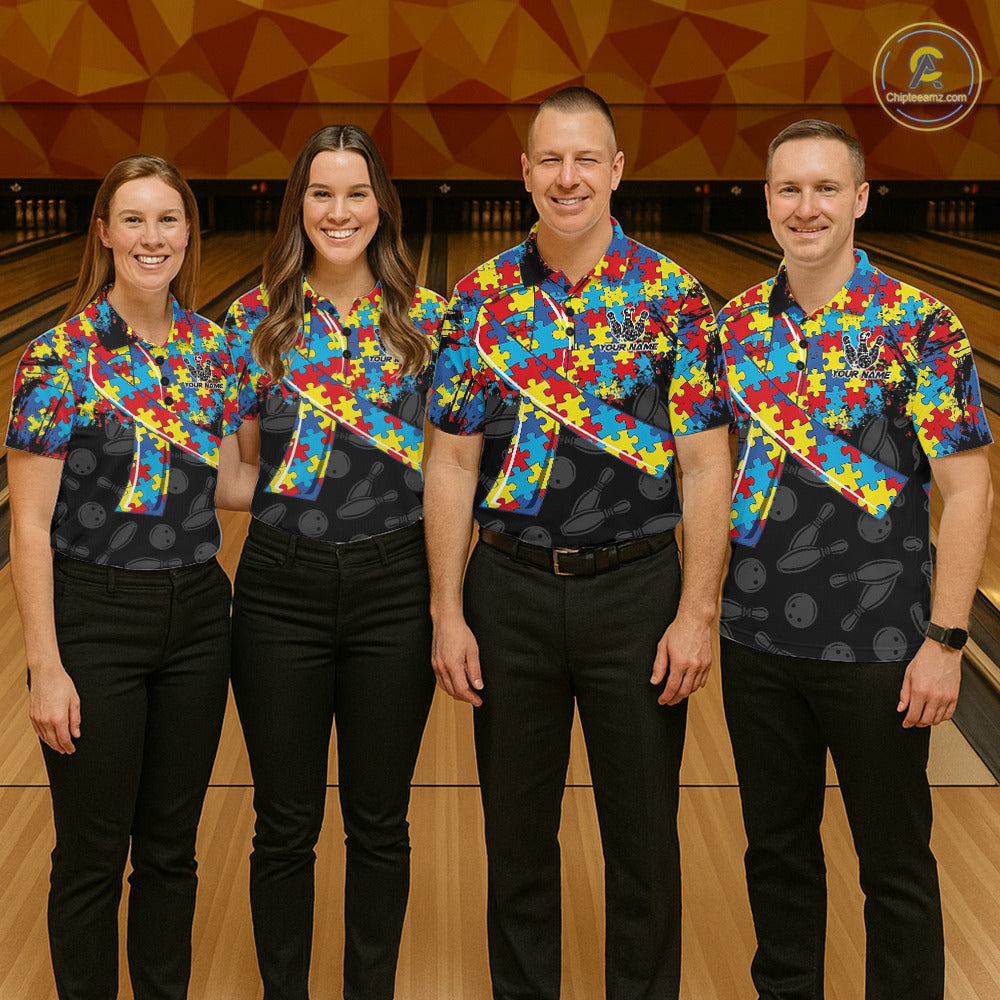 Personalized Colorful Autism Awareness Ribbon Bowling Shirt For Men Bowling Puzzles Team Jersey NYN3173