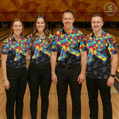Personalized Colorful Autism Awareness Ribbon Bowling Shirt For Men Bowling Puzzles Team Jersey NYN3173