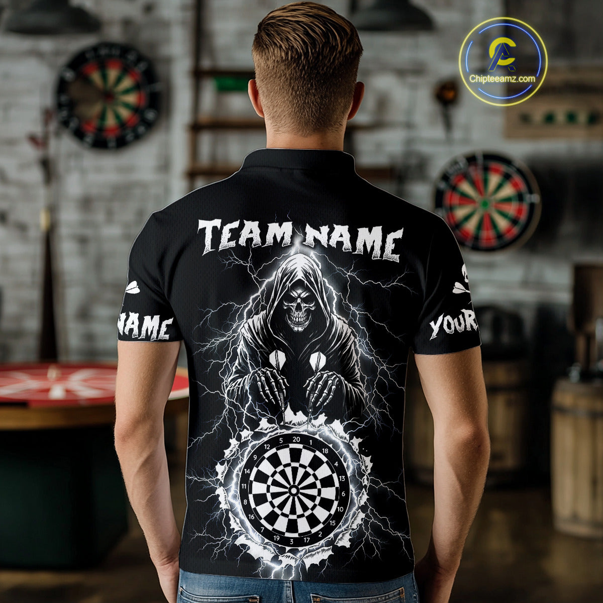 Lightning Thunder White & Black Grim Reaper Custom Dart Polo Shirt Men Dart League Jerseys NYN2091
