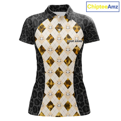 Black leopard womens golf polo yellow argyle golf outfit
